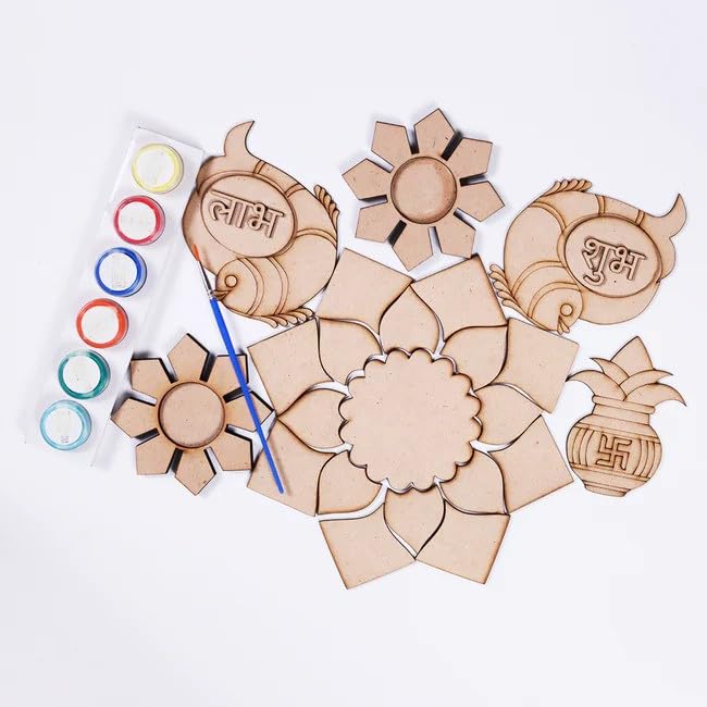 6 Pcs Wooden DIY Diwali Kit – Unfinished Wooden Rangoli 6 Inch, Subh Labh, Kalash, Candle Holder 4 Inch